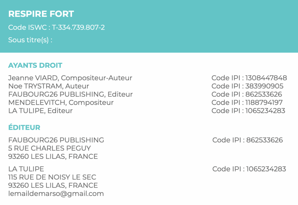 extrait de la SACEM pour le titre Respire Fort de Jeanne de la Star Academy