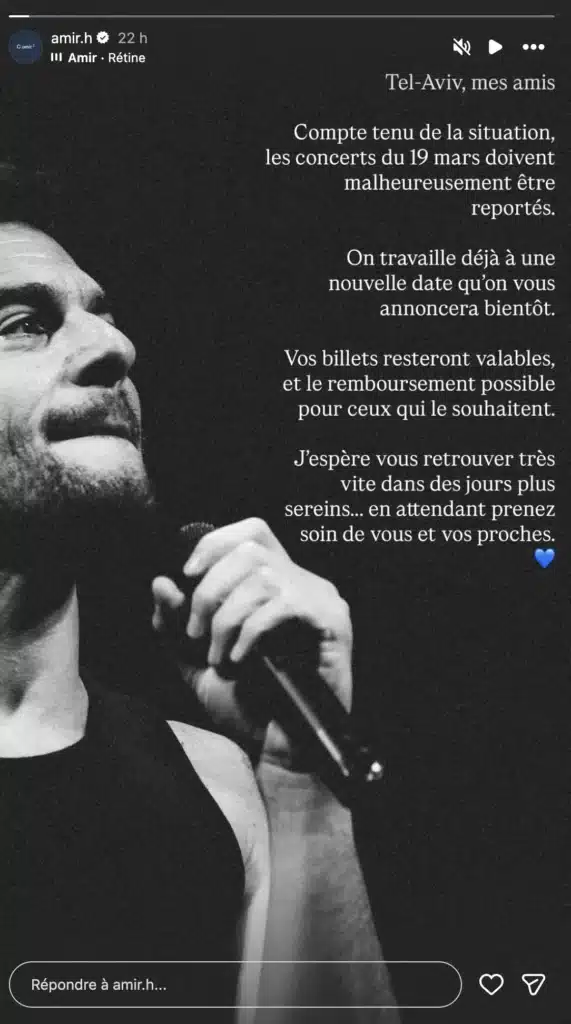 Amir : le chanteur obligé de procéder à l’annulation de ses concerts à Tel-Aviv