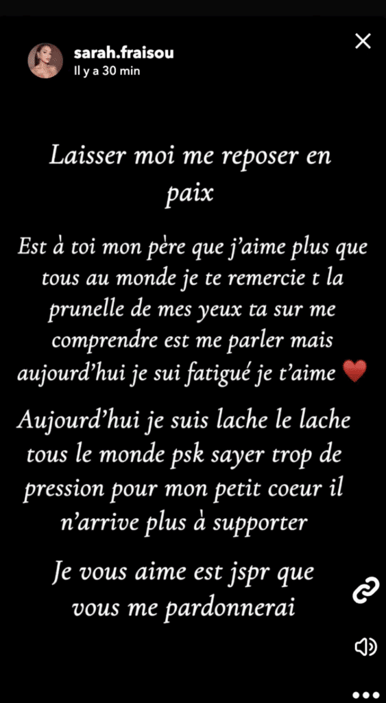 Sarah Fraisou : l’influenceuse menace de mettre fin à ses jours avec un message d’adieu