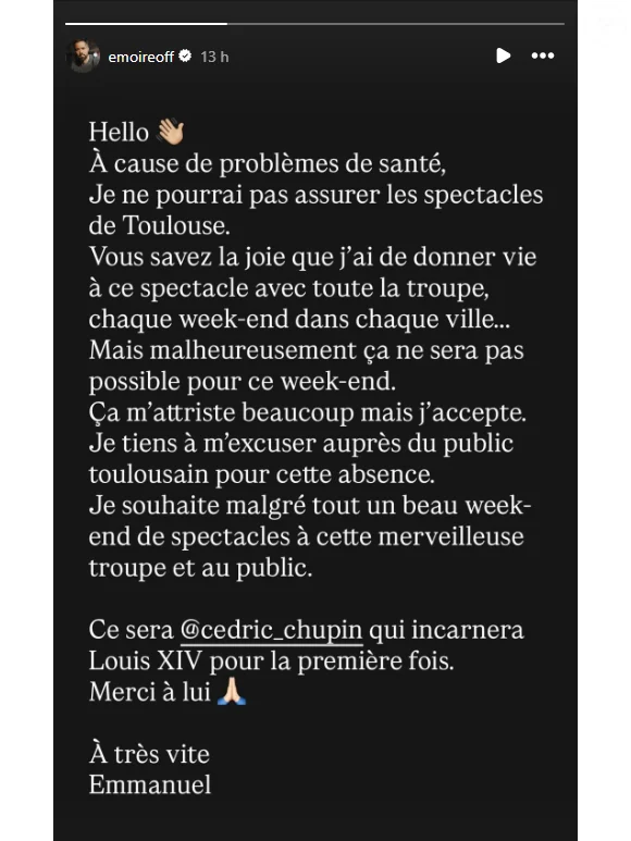 Emmanuel Moire : souffrant, il annonce qu’il est obligé de faire appel à sa doublure pour Le Roi Soleil