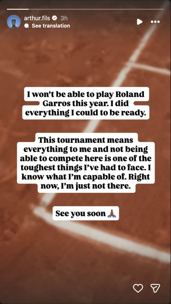 Arthur Fils : il annonce son abandon de Roland-Garros