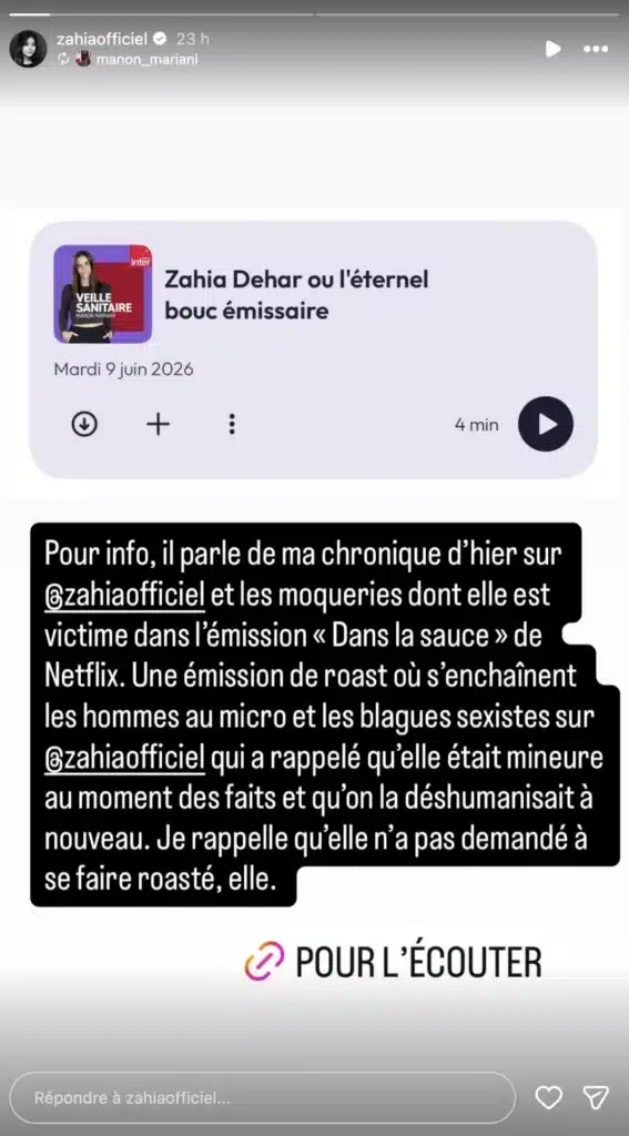 Zahia Dehar : citée plusieurs fois dans l’émission Dans la sauce, elle répond